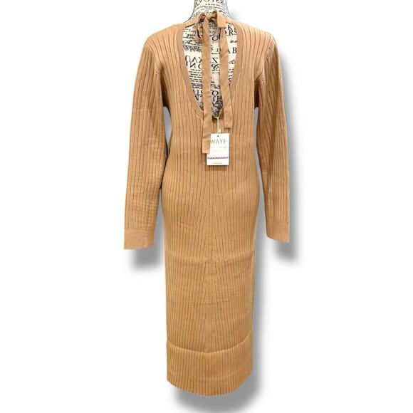 NWT Nordstrom WayF Hollie Size XL Tan Tie Neck Side Slit Sweater Dress Brunch - Picture 9 of 9